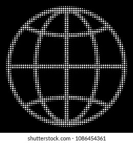 Globe halftone vector pictogram. Illustration style is dotted iconic globe icon symbol on a black background. Halftone texture is sphere pixels.