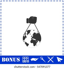 Globe with hand icon flat. Simple vector symbol and bonus icon