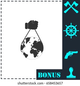 Globe with hand icon flat. Simple vector symbol and bonus icon