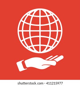 Globe In Hand icon on red background.