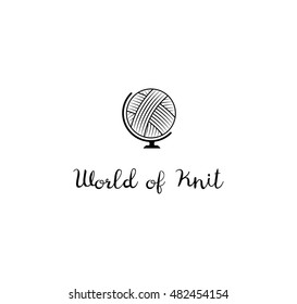 Globe. Hand Made knit label. World of Knit badge or logo. Design elements. Isolated On White Background