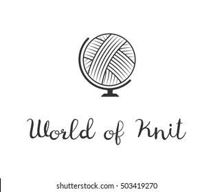 Globe. Hand Made knit label. World of Knit badge or logo. Design elements. Isolated On White Background