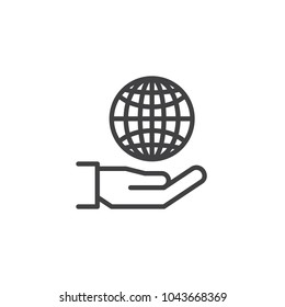 Globe in hand outline icon. Save world linear style sign for mobile concept and web design. Hand hold globe simple line vector icon. Symbol, logo illustration. Pixel perfect vector graphics