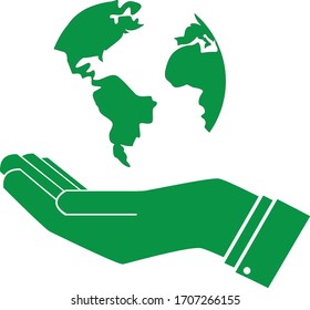 globe in the hand. Hand palm symbol. Caring for the planet sign. Protection of the world and nature. Earth Day. Eco world icon black. Logo