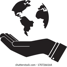 globe in the hand. Hand palm symbol. Caring for the planet sign. Protection of the world and nature. Earth Day. Eco world icon black. Logo