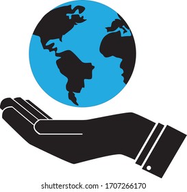 globo en la mano. Símbolo de palma manual. Cuidado con el símbolo del planeta. Protección del mundo y de la naturaleza. Día de la Tierra. Icono del mundo ecológico negro. Logotipo