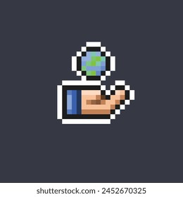 Globe in der Hand im Pixel-Art-Stil