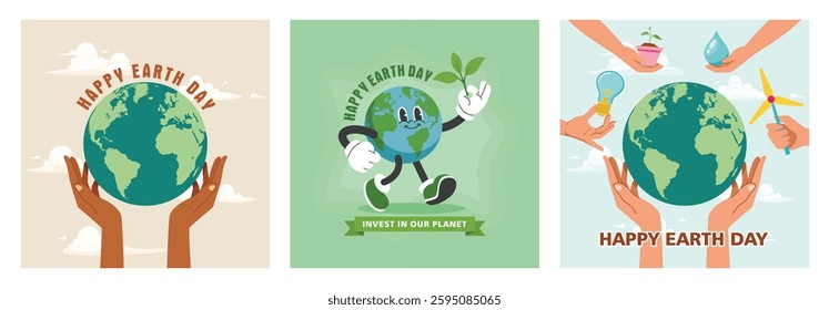 Globe in hand. Save the earth,  Saving ecology and environmental protection.  Hands holding globe, bud, windmill, water, and light bulb. Earth Day concept. Set flat vector illustration.