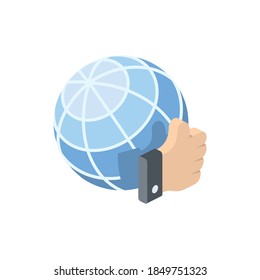 Globe hand thumbs up. Vector 3d isometric, color web icons set, new flat style. Creative illustration, idea for infographics.