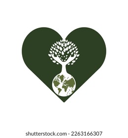 Diseño vectorial de árbol de globo y mano. Concepto de cuidado de la naturaleza y la tierra.