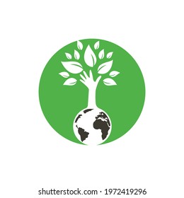 Globe and hand tree vector logo design. Ecology and sustainable concept. 