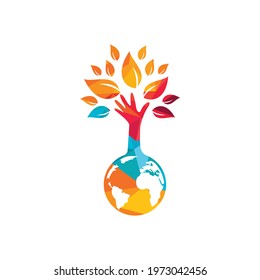 Globe and hand tree vector logo design. Ecology and sustainable concept. 