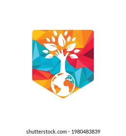 Globe and hand tree vector logo design. Ecology and sustainable concept. 