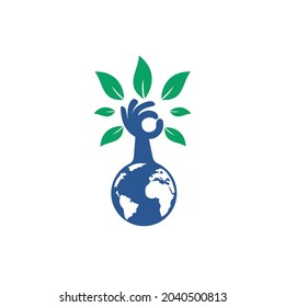 Globe and hand tree vector logo design. Ecology and sustainable concept. 