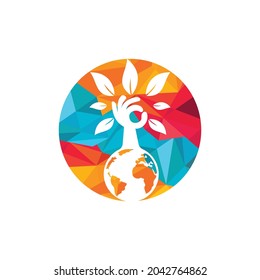 Globe and hand tree vector logo design. Ecology and sustainable concept. 