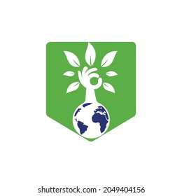 Globe and hand tree vector logo design. Ecology and sustainable concept. 