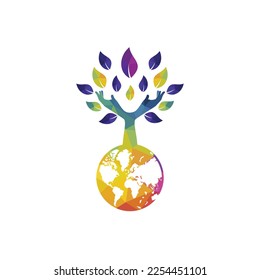 Globe and hand tree vector logo design. Nature and earth care concept.