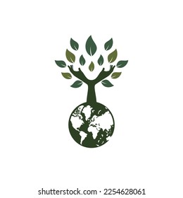 Globe and hand tree vector logo design. Nature and earth care concept.