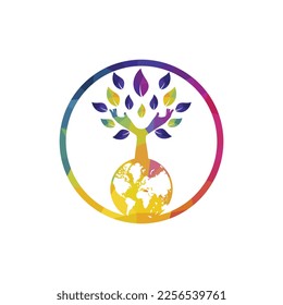 Globe and hand tree vector logo design. Nature and earth care concept.