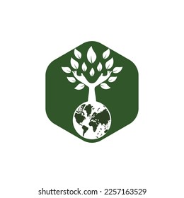 Globe and hand tree vector logo design. Nature and earth care concept.