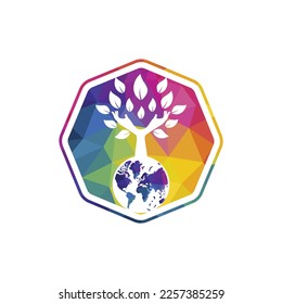 Globe and hand tree vector logo design. Nature and earth care concept.