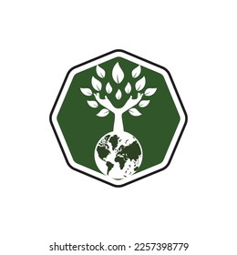 Globe and hand tree vector logo design. Nature and earth care concept.