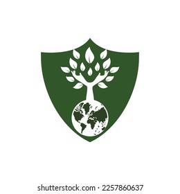 Globe and hand tree vector logo design. Nature and earth care concept.