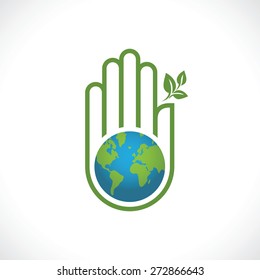 Globe with hand, vector icon. Flat design style.