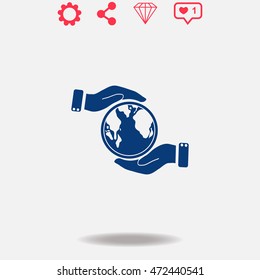 Globe in hand vector icon on grey background.