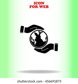 Globe in hand web icon. Black illustration on white background