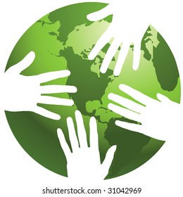 A globe with hands around it, in vector format