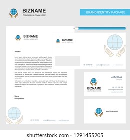 Globe in hands Business Letterhead, Envelope and visiting Card Design vector template