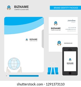 Globe in hands Business Logo, File Cover Visiting Card and Mobile App Design. Vector Illustration