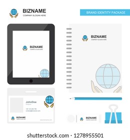 Globe in hands Business Logo, Tab App, Diary PVC Employee Card and USB Brand Stationary Package Design Vector Template