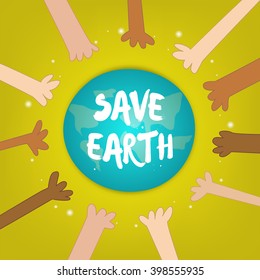 Globe with hands of different nationalities. Earth Day, vector card