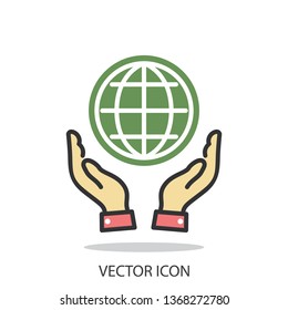 globe in the hands icon on white background - editable stroke vector illustration eps10