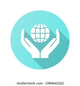 Icono de globo en manos. Ilustración simple con sombra larga aislada para diseño gráfico y web.