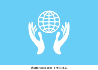 Globe in hands icon vector illustration eps10. Isolated badge for website or app - stock infographics.