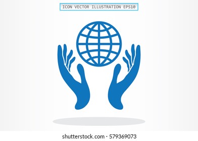 Globe in hands icon vector illustration eps10. Isolated badge for website or app - stock infographics.