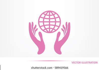 Globe in hands icon vector illustration eps10. Isolated badge for website or app - stock infographics