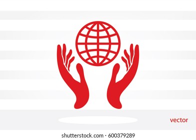 Globe in hands icon vector illustration eps10. Isolated badge for website or app - stock infographics