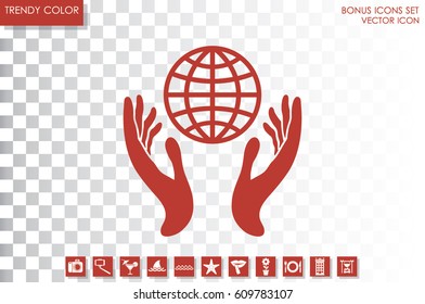 Globe in hands icon vector illustration eps10. Isolated badge for website or app - stock infographics