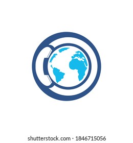 Globo con icono del logotipo del vector del dispositivo de mano. Diseño de la plantilla del logotipo del símbolo de llamada internacional y del icono de globo.