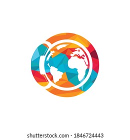 Globo con icono del logotipo del vector del dispositivo de mano. Diseño de la plantilla del logotipo del símbolo de llamada internacional y del icono de globo.