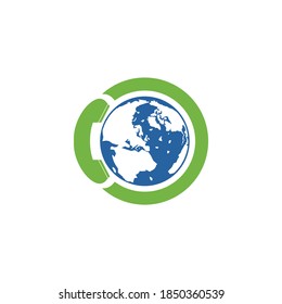 Globo con icono del logotipo del vector del dispositivo de mano. Diseño de la plantilla del logotipo del símbolo de llamada internacional y del icono de globo.