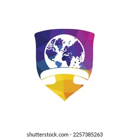 Globe with handset vector logo icon. Call and globe icon international call symbol logo template design.