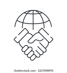 Globe and handshake. International treaty, contract.Vector linear icon isolated on white background.