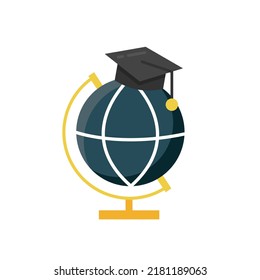 Globe with hat graduation supply. Graduation hat and globe. Earth World map banner template. Back to school. Design element for education poster, banner, brochure, mobile app. Sign of study
