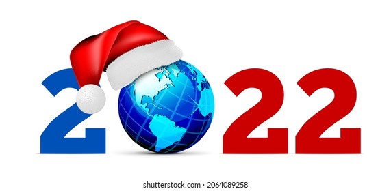 Globe in a hat of santa claus, on a white background. Vector illustration. 2022 Happy new year