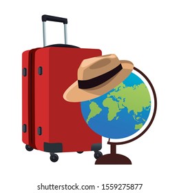 globe with hat and travel luggage icon over white background, vector illustration
